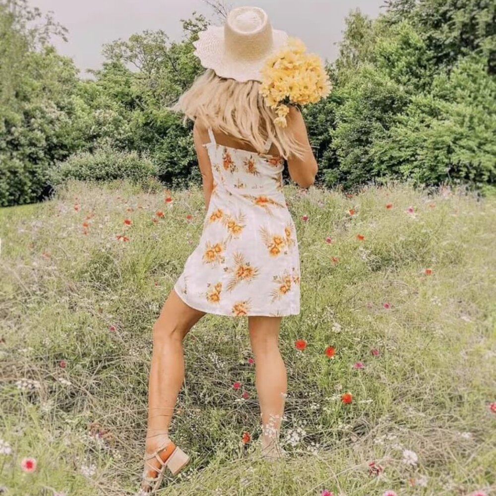 Mink pink white mini dress with yellow flowers